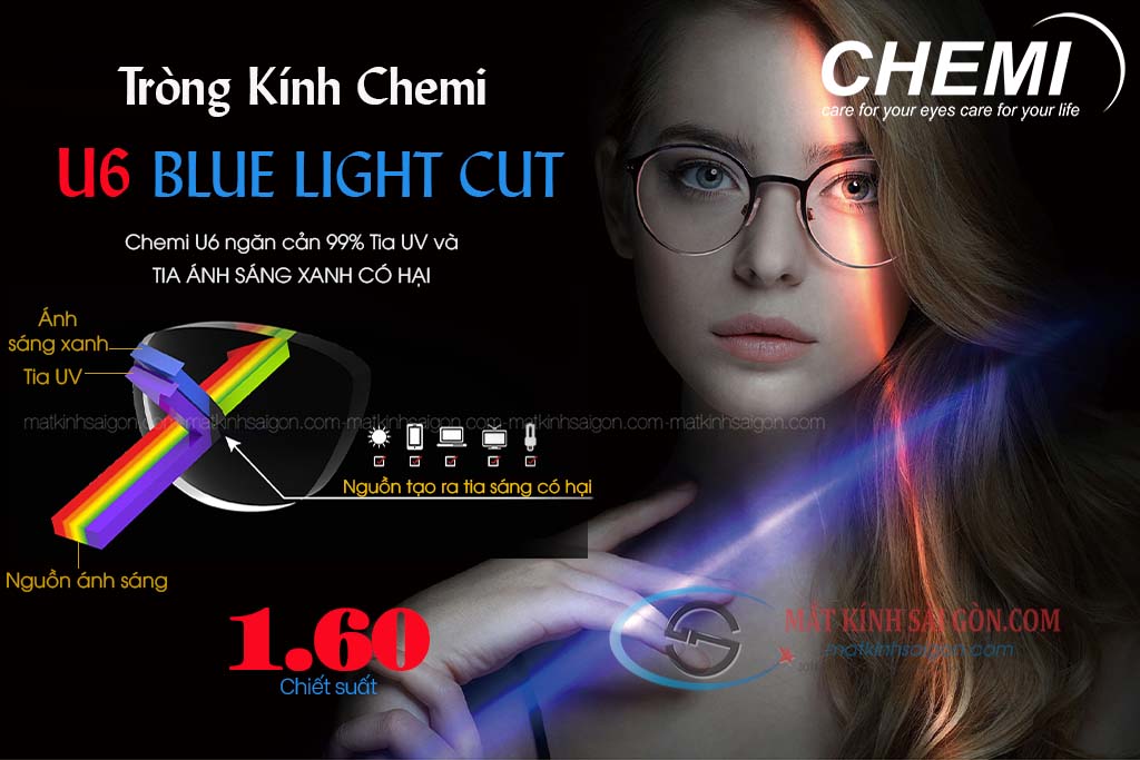 Tròng Kính 1.60 Chemi U6 BLUE LIGHT CUT